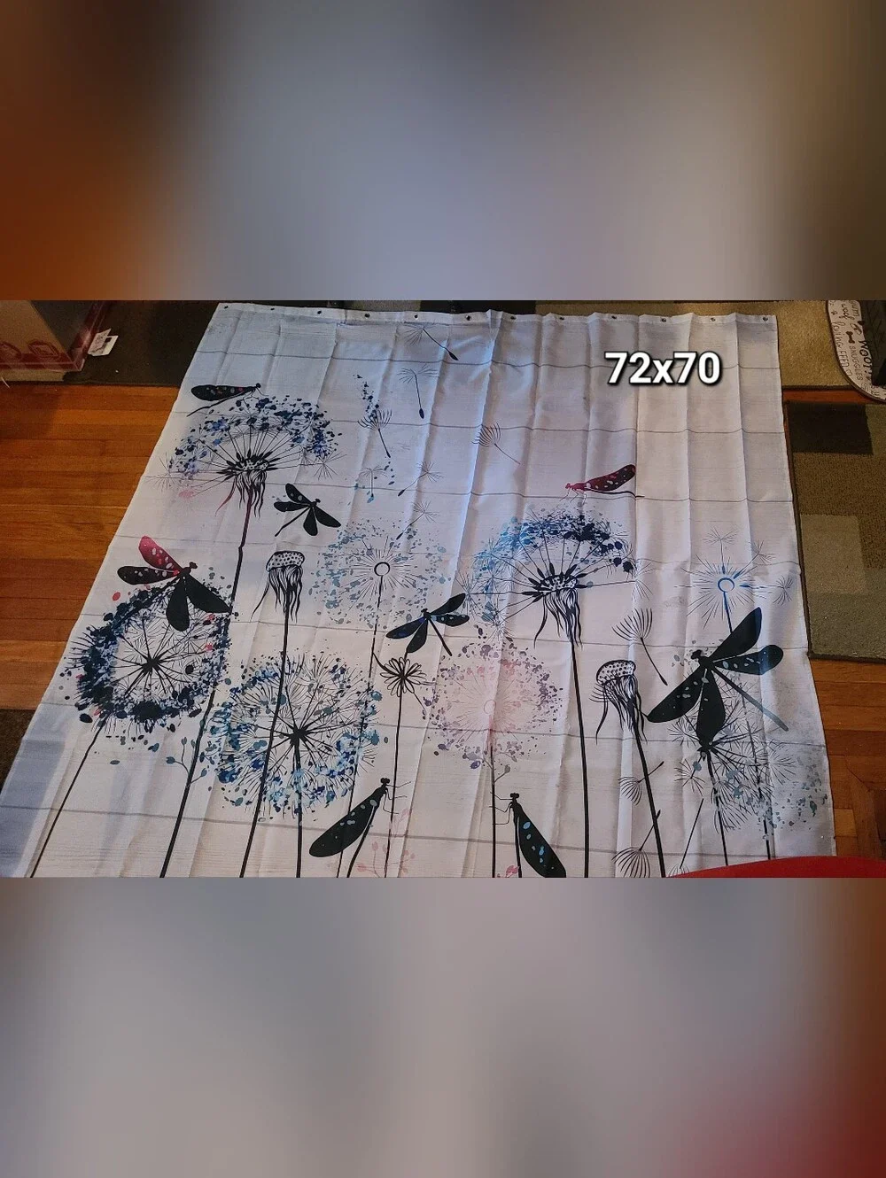 Floral Dandelion & Dragonfly Shower Curtain in White and Blue